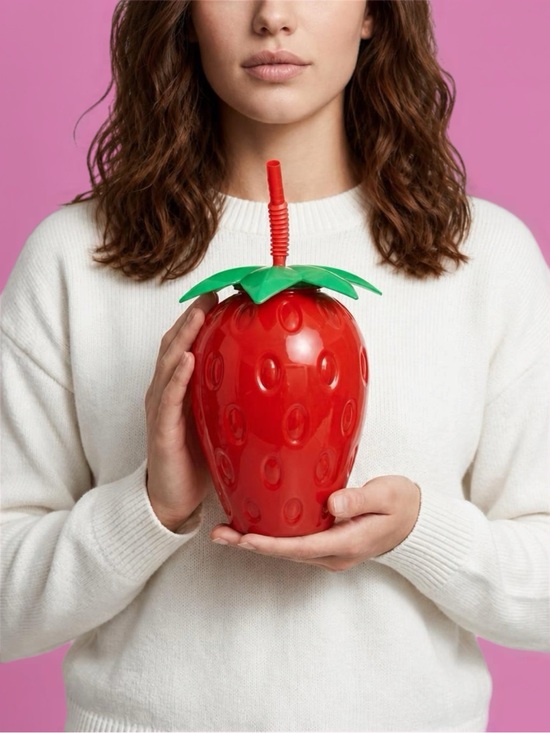 Other - Strawberry-Shaped Red Drink Tumbler with Green Leaf Lid